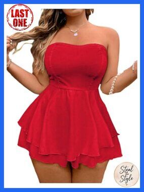 Plus Size Strapless Ruffle Hem Romper Jumpsuit Sleeveless Non Slip